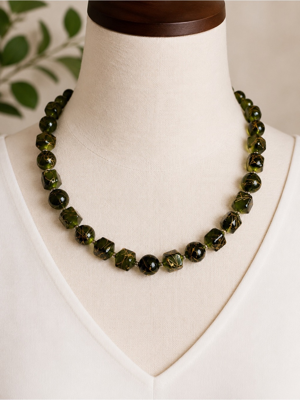 Bold Olive Green & Black Art Glass Beaded Statement Boho Necklace